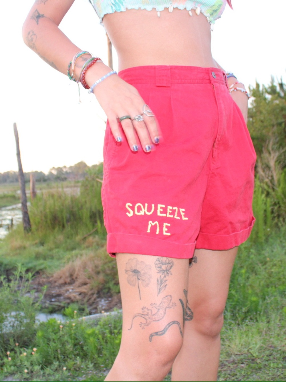 Women’s Red High-Waist Bermudas with Embroidered 'Squeeze Me'